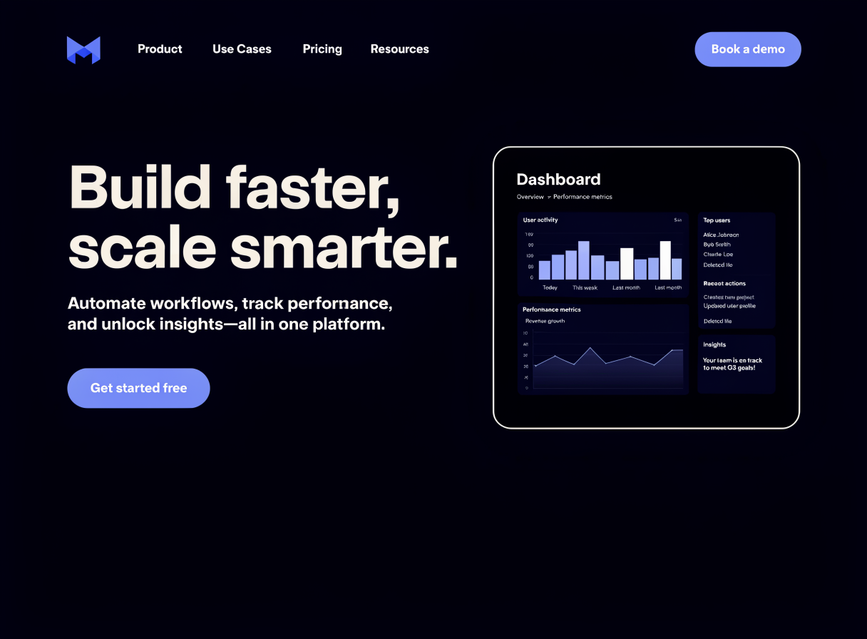 Konceptdesign af en mørk SaaS-hjemmeside med dashboard-preview